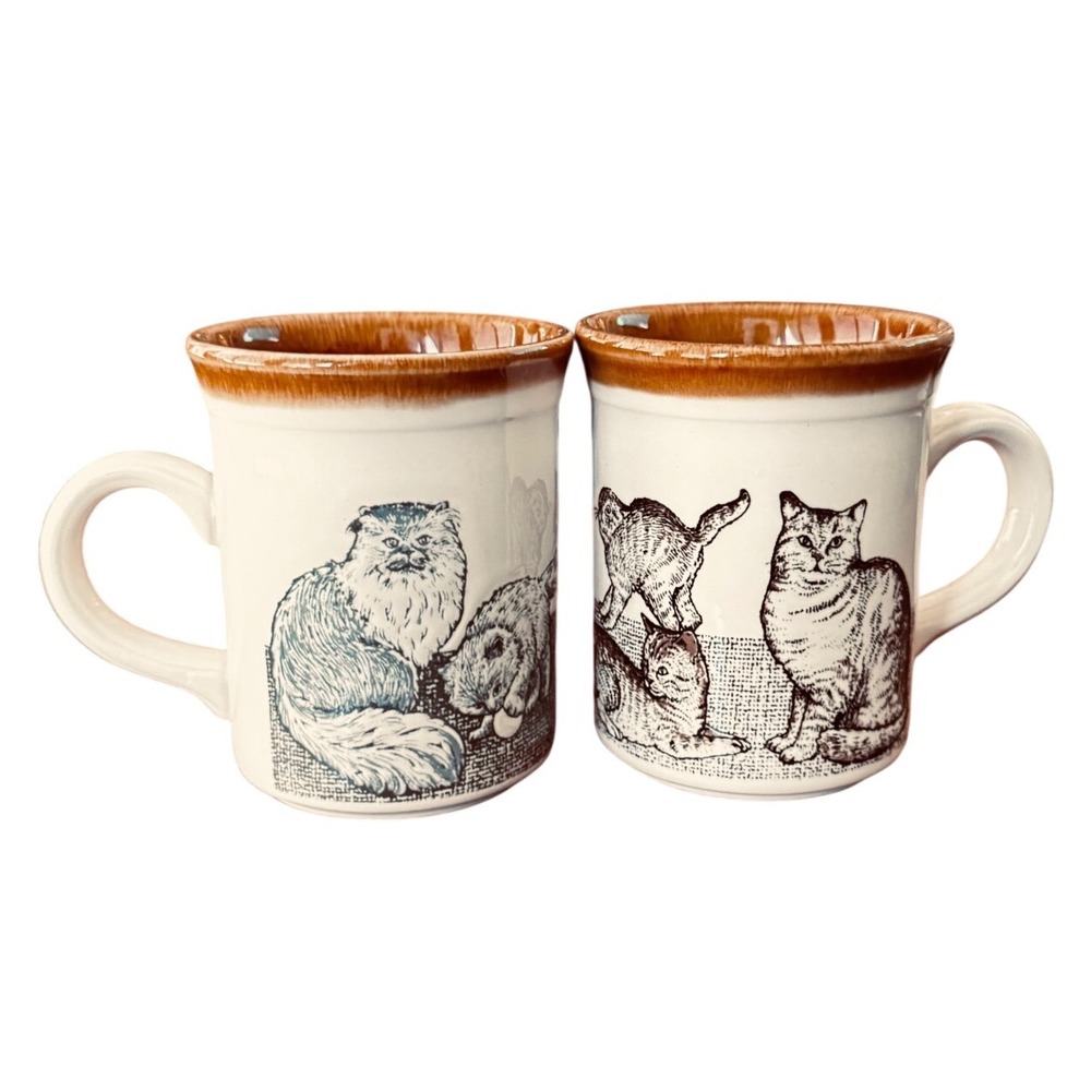 Biltons England Vintage Cat Mugs Set of 2 Cream Brown‎ Glazed Rim Ceramic 4in